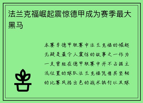 法兰克福崛起震惊德甲成为赛季最大黑马 法兰克福崛起震惊德甲成为赛季最大黑马